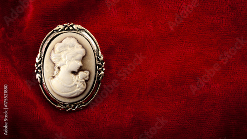 Foto Cameo brooch representing the side portrait of a woman carved in white stone or