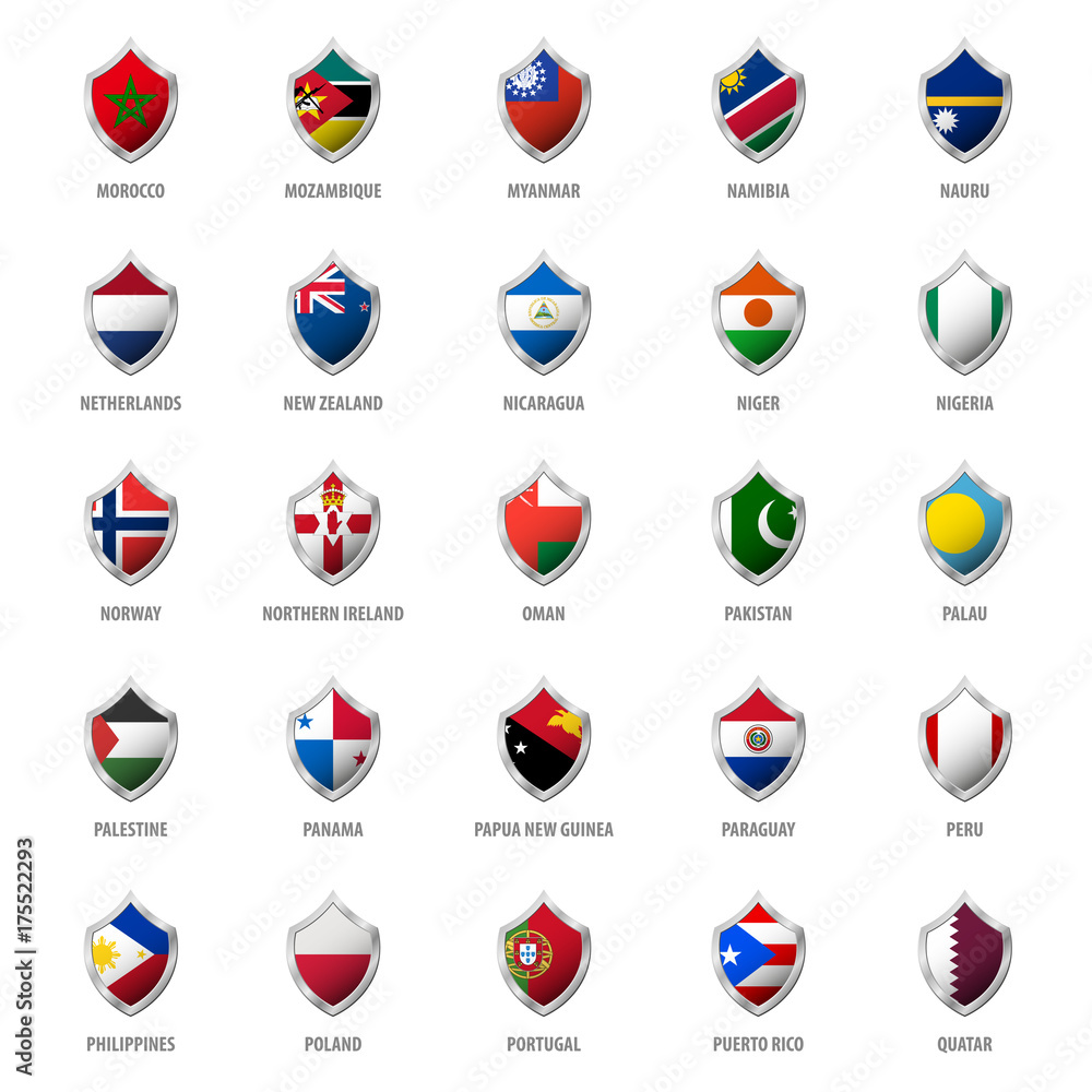 set of flags on metal shiny shield vector illustration. set of flags on metal shiny shield vector illustration.