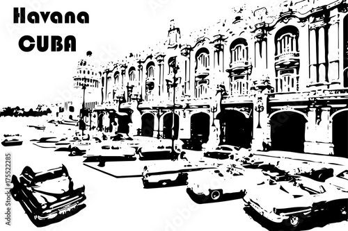 Black and white classic cars in the center of Havana in Cuba. Black and white drawn of Havana city. - vector illustration