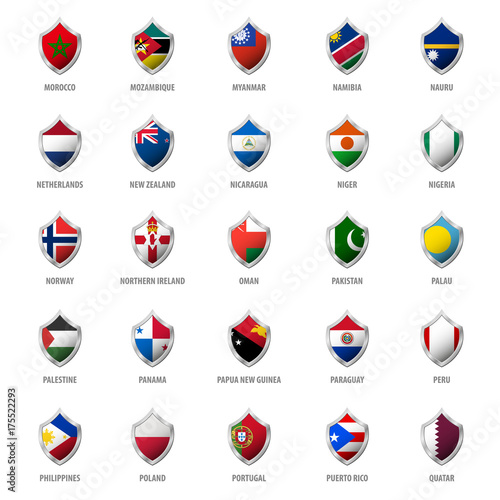 set of flags on metal shiny shield vector illustration. Free Download set of flags on metal shiny shield vector illustration. - GFXLoad