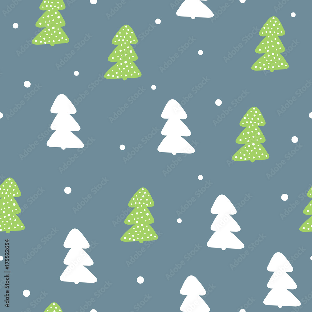 New Year seamless pattern. Repeated silhouettes of trees and round snowflakes. Drawn by hand.