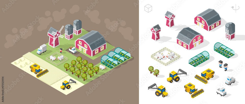 Isometric High Quality City Element on Brown Background . Farm