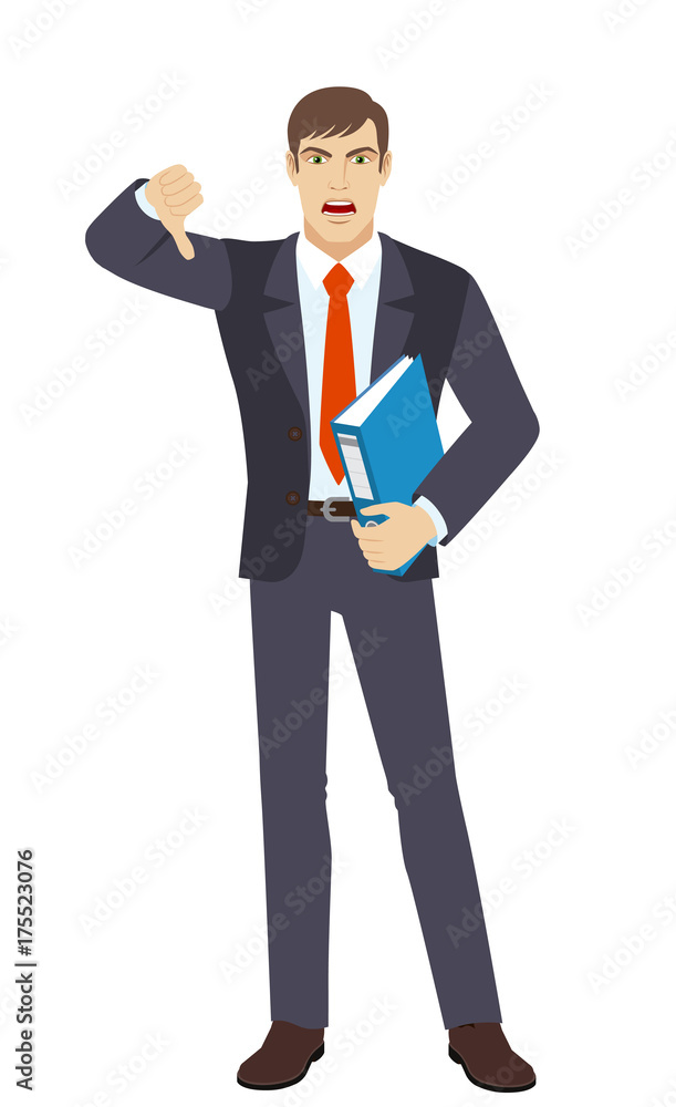 Businessman holding a folder and showing thumb down gesture as rejection symbol