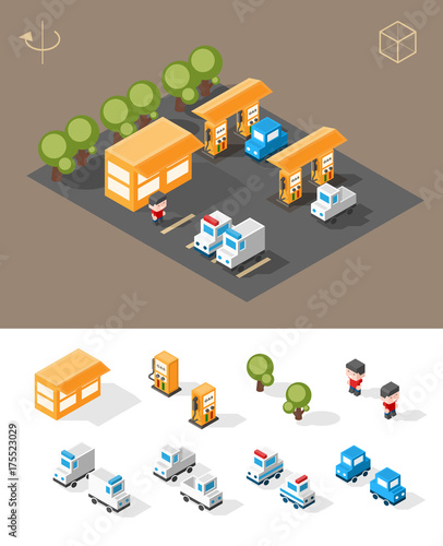 Isometric High Quality City Element on Brown Background . Petrol Station