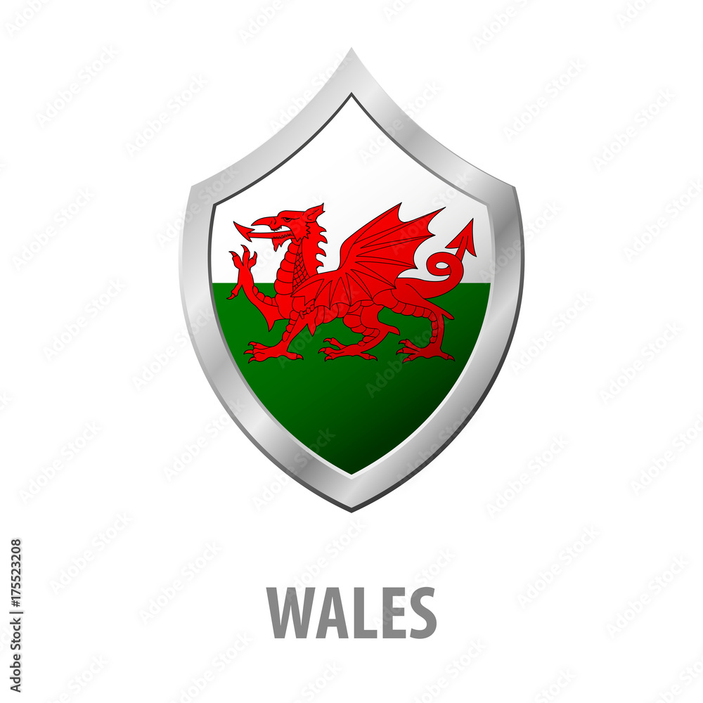 Wales flag on metal shiny shield vector illustration. Wales flag on metal shiny shield vector illustration.