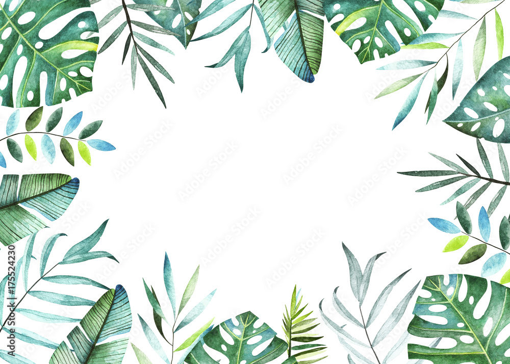 Tropical plants collection. Watercolor frame. Collection included tropical leaves and branches. Perfect for you postcard design,invitations,projects,wedding card,logo.