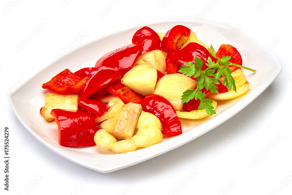 fried Bulgarian pepper on a white plate isolated on white background