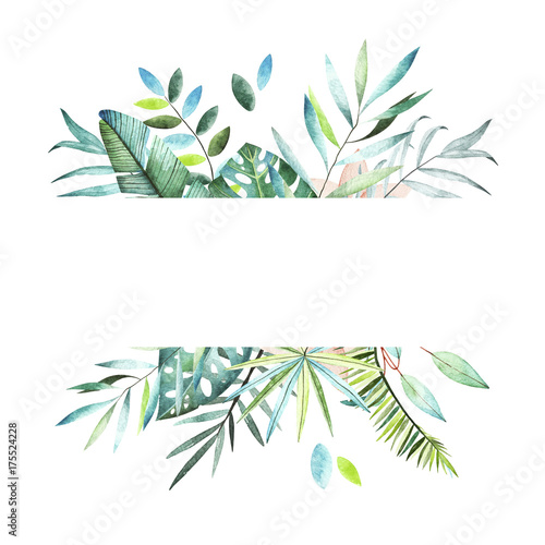 Tropical plants collection. Watercolor colorful frame. Collection included tropical leaves and branches. Perfect for you postcard design,invitations,projects,wedding card,logo.