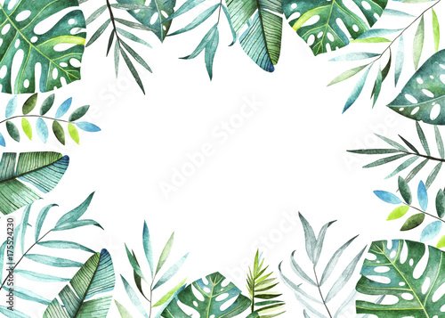 Tropical plants collection. Watercolor frame. Collection included tropical leaves and branches. Perfect for you postcard design invitations projects wedding card logo.