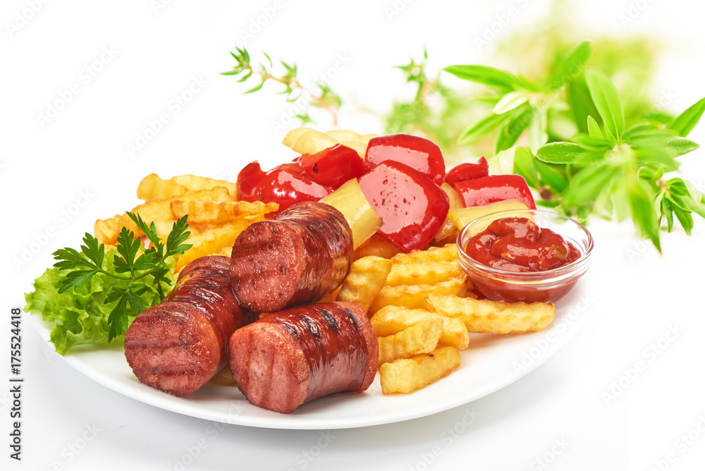 grilled sausages with potatoes fries and sweet bulgarian peppers and red sauce ketchup grilled sausages with potatoes fries and sweet bulgarian peppers and red sauce ketchup