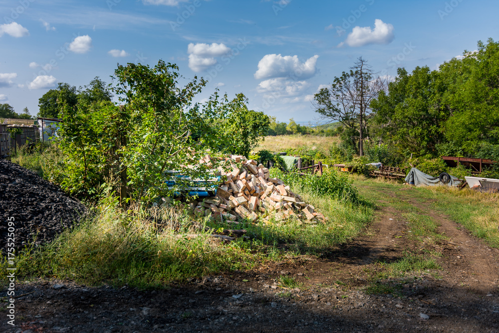 Iron crap and garbage near the green shrub. Industrial environment and recyklation of waste. Trash and corrosion Iron crap and garbage near the green shrub. Industrial environment and recyklation of waste. Trash and corrosion