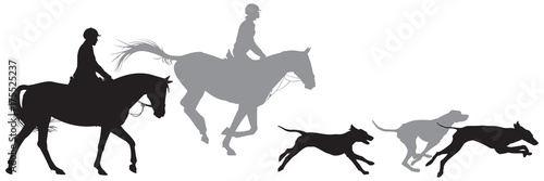 Fototapet Foxhunting, hunters on horses and running foxhound dogs silhouettes, Fox hunting