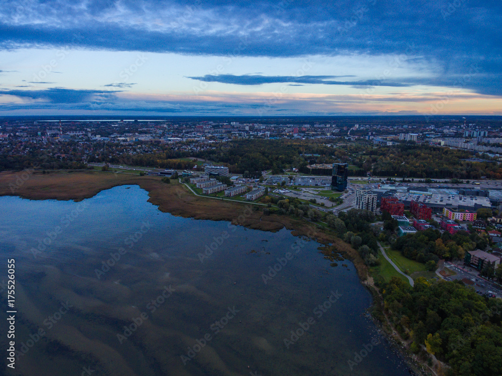 Aerial view of City Tallinn, Estonia district Oismae-Kakumae,in the evening