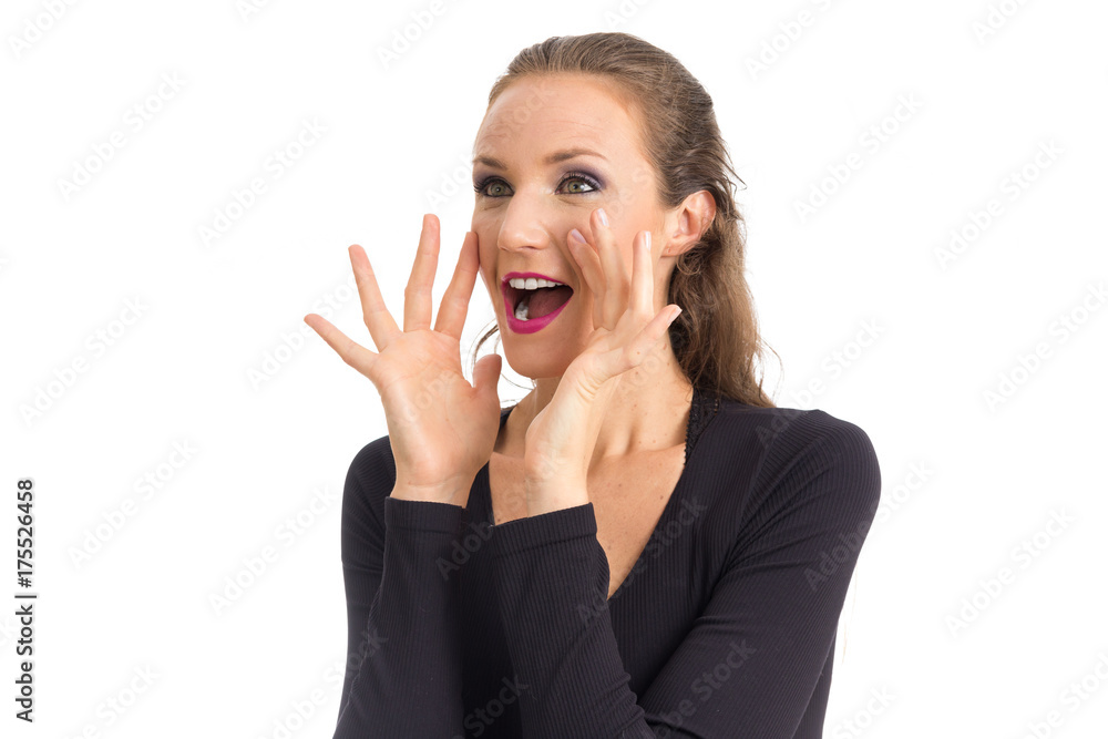 Happy woman screams to call people. She has green eyes. Isolated on white background.. Happy woman screams to call people. She has green eyes. Isolated on white background..