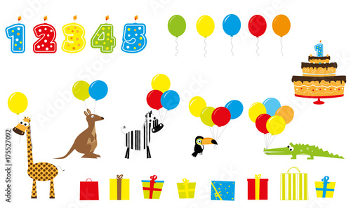 elementy urodzinowe - świeczki, prezenty, tort, zwierzęta z balonami