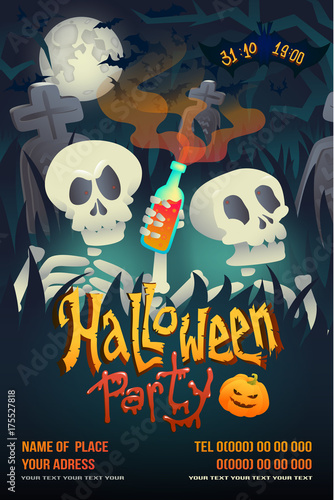 Halloween party flyer with skeleton on dark cemetery back