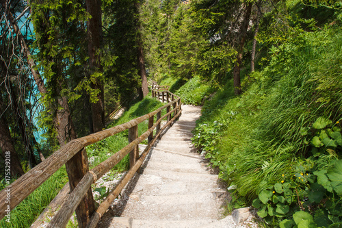 hiking trail around lake Lago di Braies in Italy