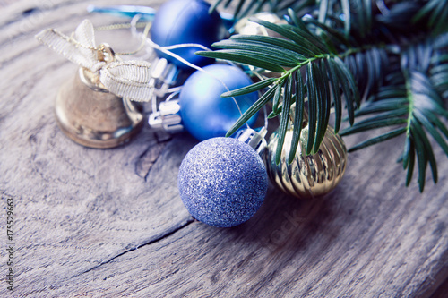 Blue gold  silver cold baubles  - christmas decorations . photo