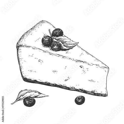 Hand drawn cheesecake piece with berries and leaves, black and white draft sketch isolated on white background. Vintage vector illustration.