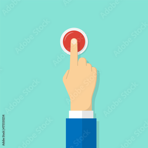 Hand pressing the red button. Flat design style