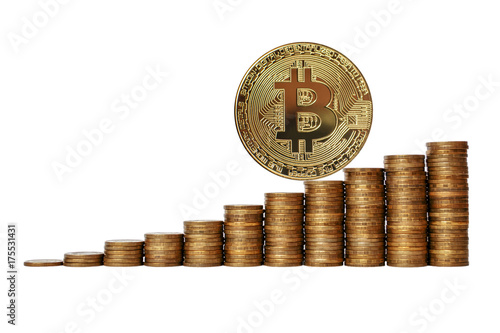 Bitcoin and towers of coins isolated on white background