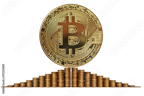 Bitcoin and towers of coins isolated on white background