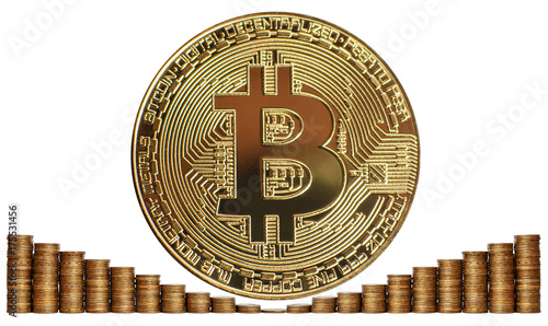Bitcoin and towers of coins isolated on white background