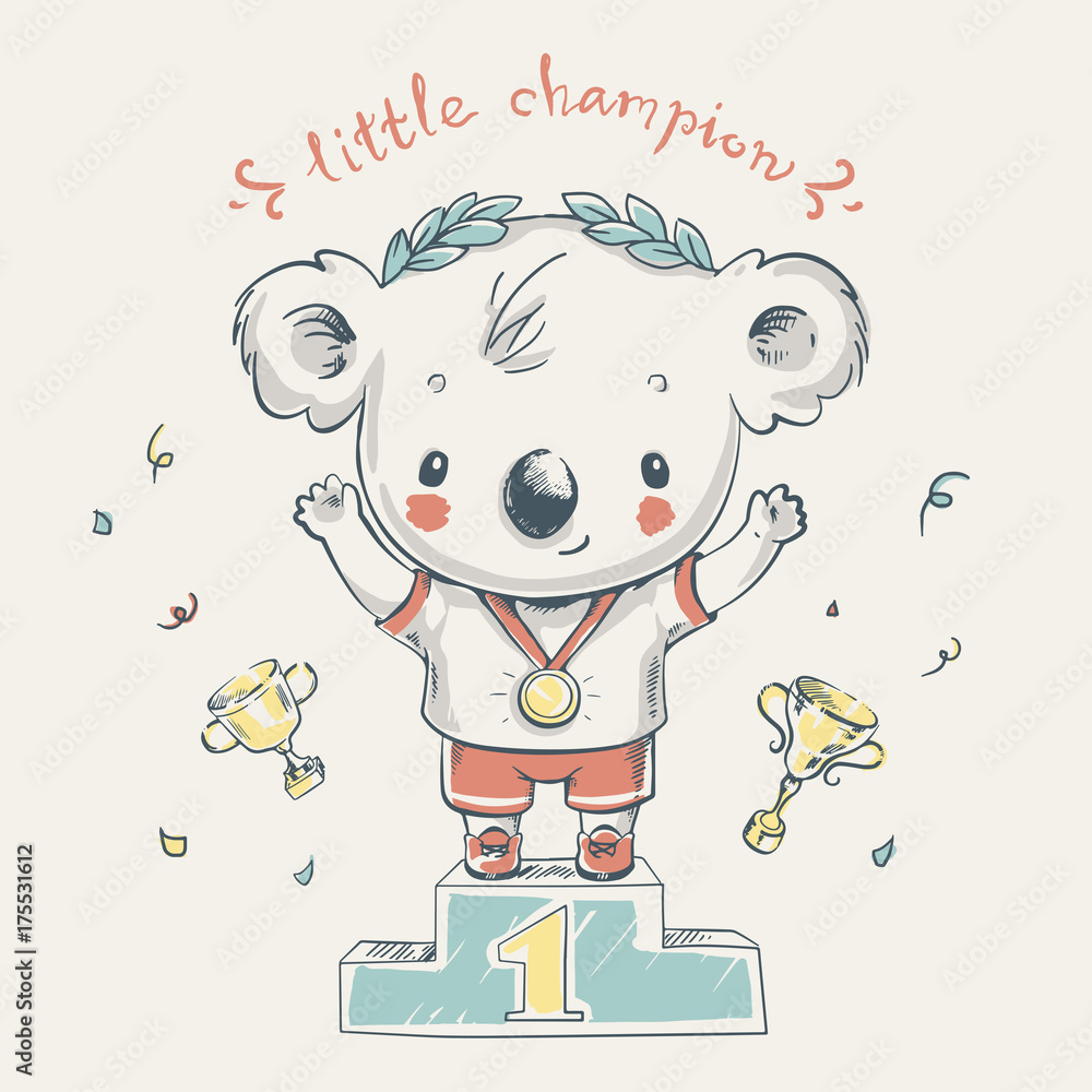 Obraz premium Ładny miś koala mistrz sportu kreskówka ręcznie rysowane ilustracji wektorowych. Może być stosowany do nadruku na koszulce dla dzieci, projektowania modowego nadruku, odzieży dziecięcej, powitania z okazji urodzin baby shower i karty z zaproszeniem.