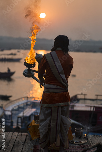 Great puja in the city of Varanasi, November 2015. India, the Ganges River embankment
