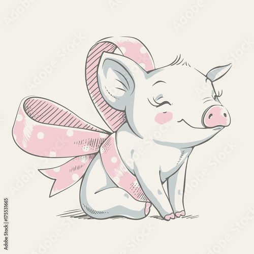 Cute piggy with a bow cartoon hand drawn vector illustration. Can be used for baby t-shirt print, fashion print design, kids wear, baby shower celebration greeting and invitation card.