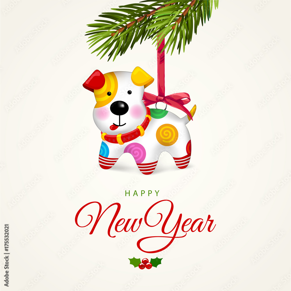 Happy small Dog. Christmas tree decoration. Dog is symbol of 2018 year on Chinese calendar. Vector illustration. Isolated on white background. Puppy. 