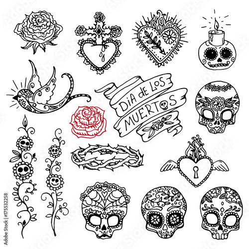 Dia de los Muertos or Day of the Dead hand sketched doodles