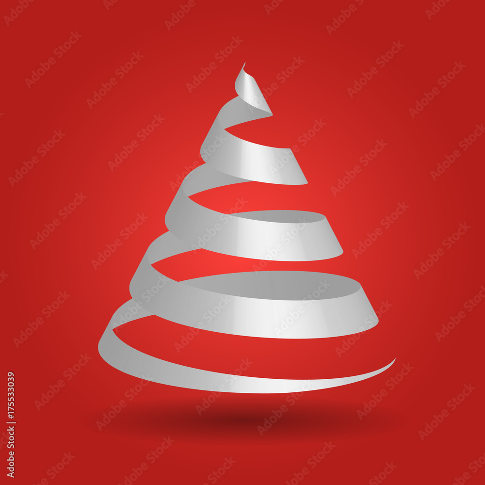 Simple red paper ribbon folded in a shape of Christmas tree. Merry Christmas theme. 3D vector illustration with dropped shadow and red gradient background. Simple red paper ribbon folded in a shape of Christmas tree. Merry Christmas theme. 3D vector illustration with dropped shadow and red gradient background.