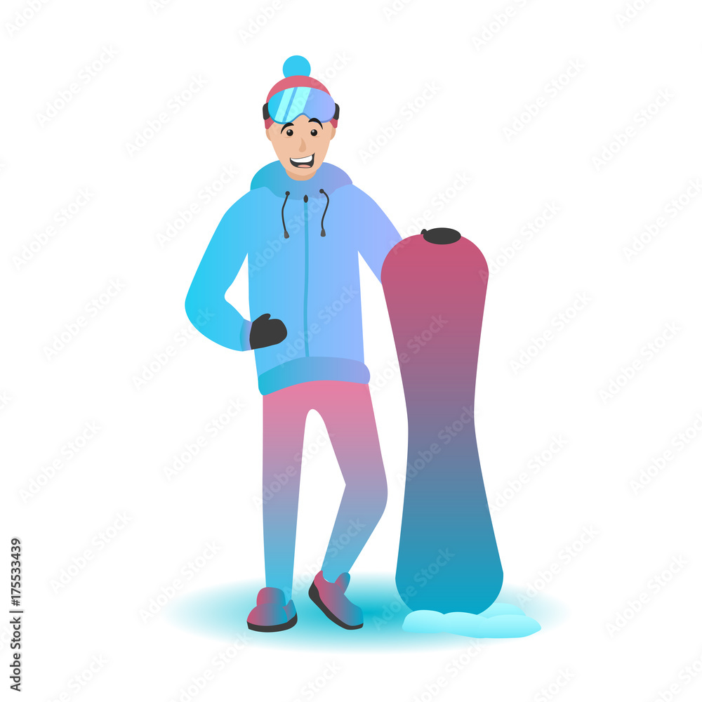 Snowboard character vector illustration. Man with sports equipment. Extreme sportsman isolated on a white background.