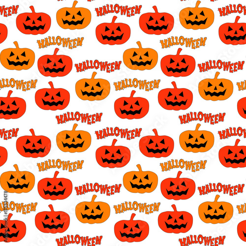 Halloween. Seamless pattern with pumpkins and inscriptions.