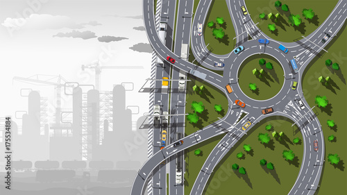Top view city map with road and grey plant in fog