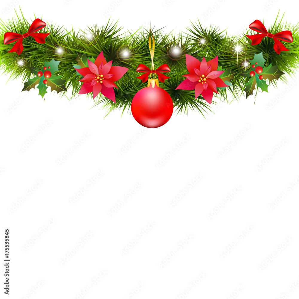 Christmas garland with poinsettia and red ribbons ,iaolated on a white Christmas garland with poinsettia and red ribbons ,iaolated on a white