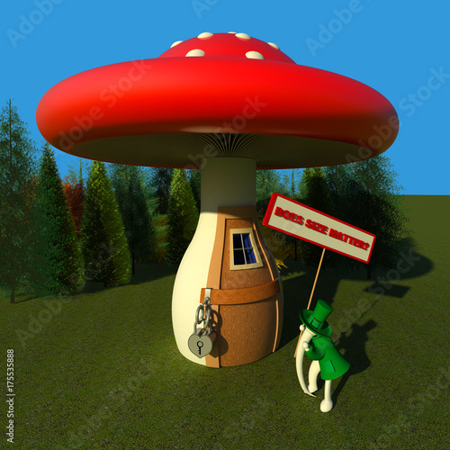 Big and small concept 3D illustration. Environment, fictional character, huge red mushroom and more. photo