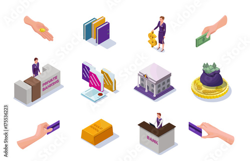 Banking and finance icons set with isometric people, office reception desk, cash money, coins, banknotes, bank building, 3d vector illustration photo