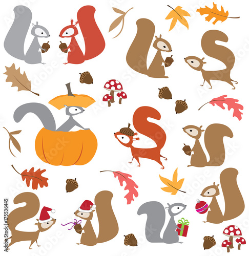 Colorful vector illustration of holiday squirrels, with leaves, pumpkin, mushrooms, acorns and gifts
