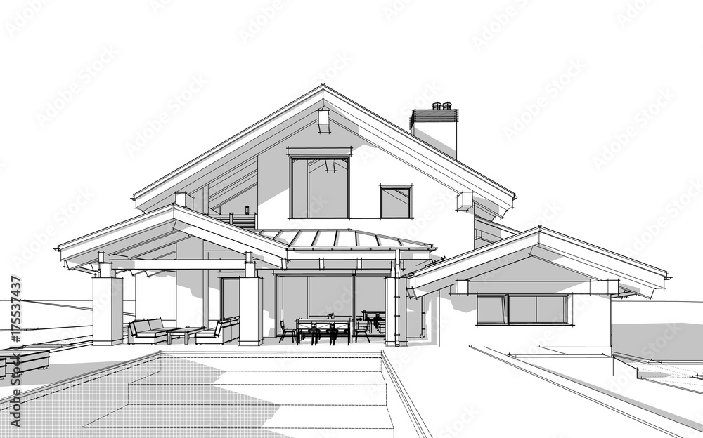 3D render sketch of modern cozy house in chalet style 3D render sketch of modern cozy house in chalet style