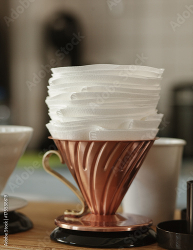 Closeup of drip filter coffee brewing setup