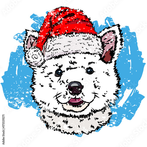 Illustration of a nice white puppy in a Christmas hat. Vector illustration EPS 10.