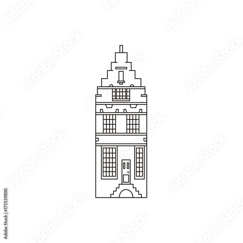 Holland building vector illustration on isolated white background, the sample of european architecture in linear style. House of Amsterdam - outline icon in minimalistic trendy design.