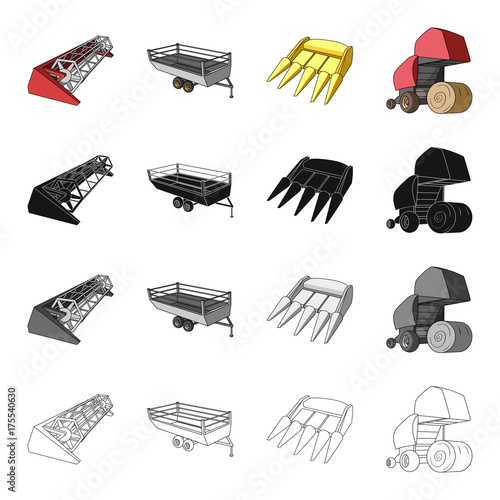 Combine harvester, hay trailer, bucket, hay packing. Different types of agricultural machinery set collection icons in cartoon black monochrome outline style vector symbol stock isometric illustration