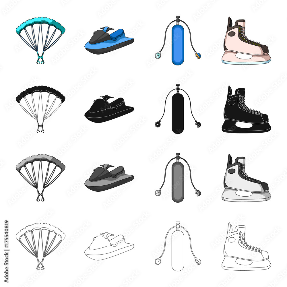 Parachute extreme sports, water scooter, equipment for diving, hockey skate.  Extreme sport set collection icons in cartoon black monochrome outline  style vector symbol stock Isometric illustration web Stock Vector | Adobe  Stock