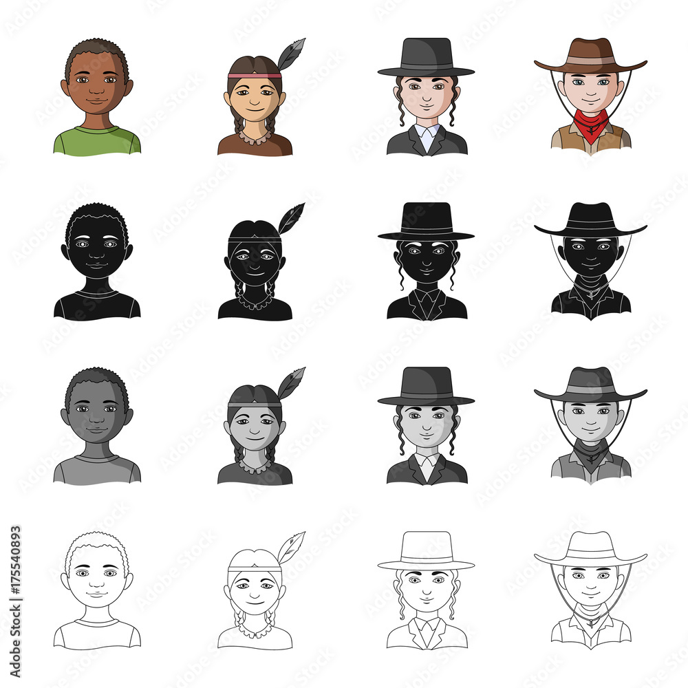 Different race of black Indian Jew American. The human race set collection icons in cartoon black monochrome outline style vector symbol stock illustration web. Stock Vector Adobe Stock