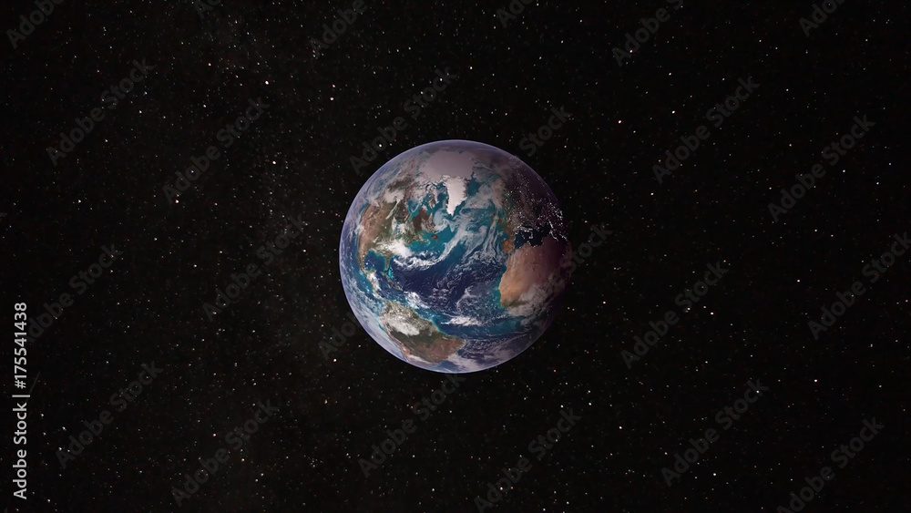 Earth, galaxy and sun. Planet earth in space animation. Day and night on planet Earth. View from space.