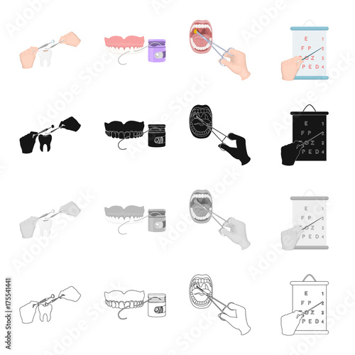 Filling of the tooth, dental care, medical treatment of the throat, vision check. Medicine and dentistry set collection icons in cartoon black monochrome outline style vector symbol stock isometric