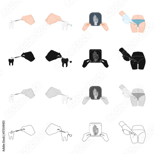 Dentist dental treatment, a shot of a human hand, a surgical operation on the leg. Medicine and dentistry set collection icons in cartoon black monochrome outline style vector symbol stock isometric